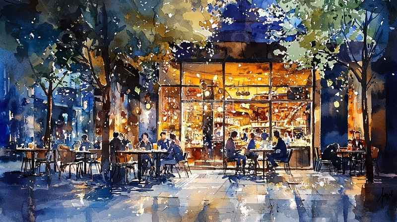 高清大图下载【趣麦麦图】夜晚街景咖啡馆水彩画