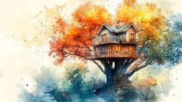 秋日树屋水彩画