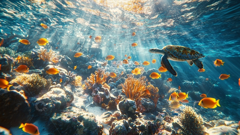 高清大图下载【趣麦麦图】阳光透过海水照射珊瑚礁
