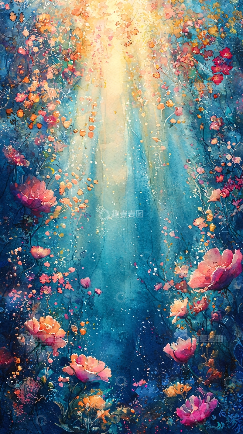 高清大图下载【趣麦麦图】光线透过花海梦幻水彩画