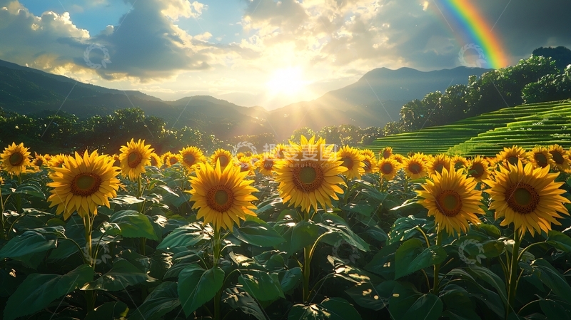 高清大图下载【趣麦麦图】向日葵田园彩虹日出