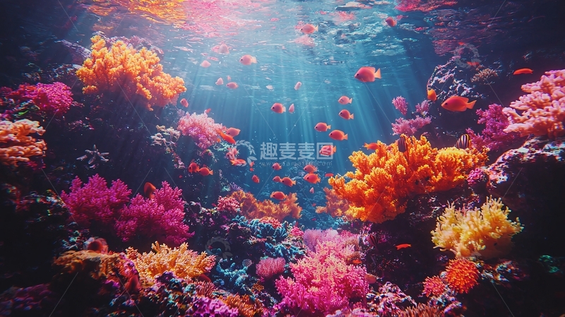 高清大图下载【趣麦麦图】珊瑚礁鱼群阳光