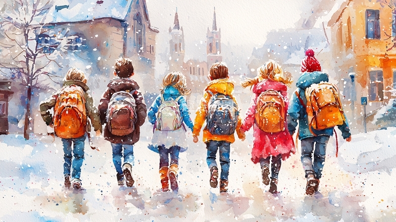 冬日雪景儿童上学