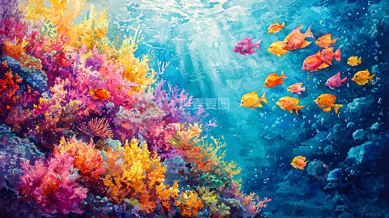 高清大图下载【趣麦麦图】色彩斑斓的珊瑚礁鱼群