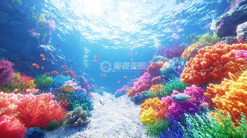 高清大图下载【趣麦麦图】阳光透过海水照射珊瑚礁