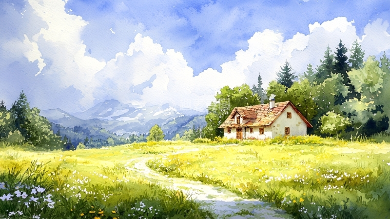 高清大图下载【趣麦麦图】田园风光水彩画