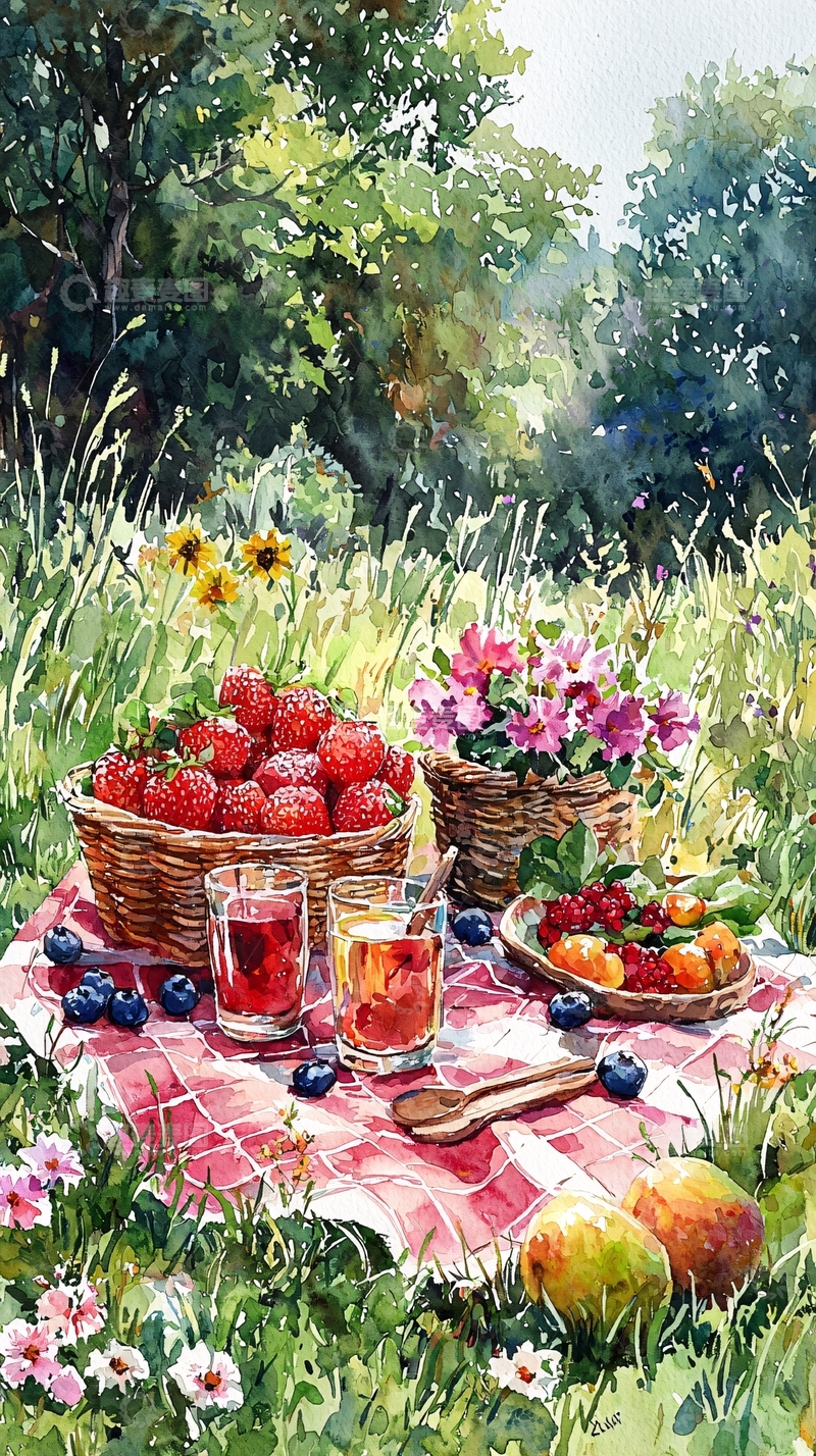 高清大图下载【趣麦麦图】田园野餐水彩画