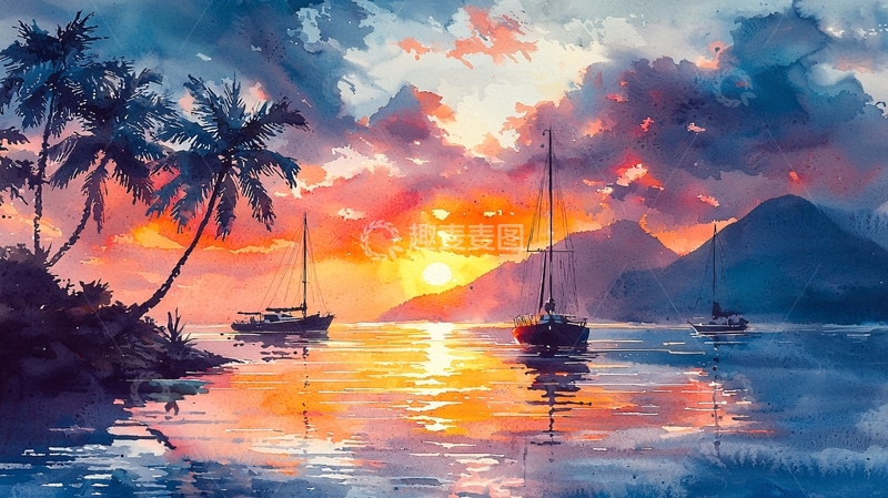 高清大图下载【趣麦麦图】热带海滩日落帆船风景画