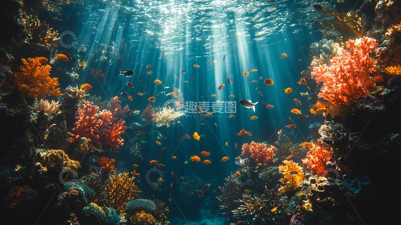 高清大图下载【趣麦麦图】阳光透过海水照射珊瑚礁