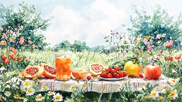 田园野餐水彩画