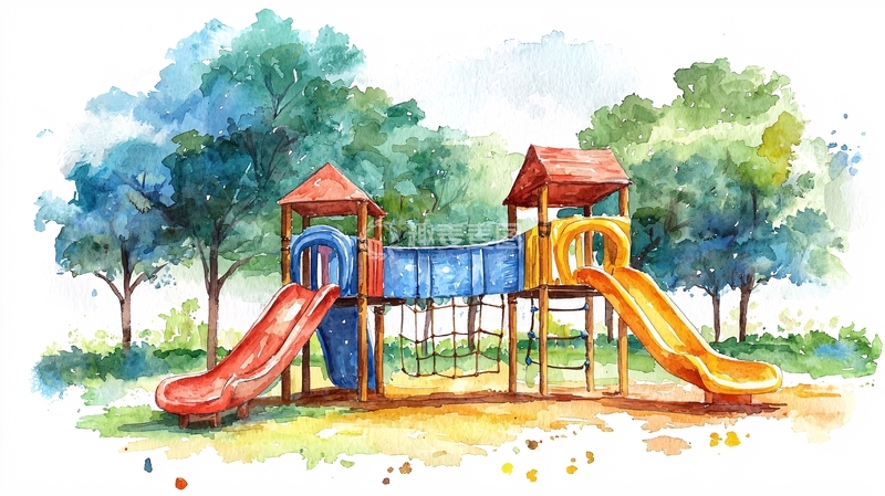 高清大图下载【趣麦麦图】水彩画儿童游乐场