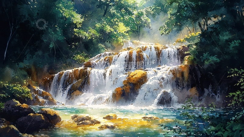 高清大图下载【趣麦麦图】阳光森林瀑布