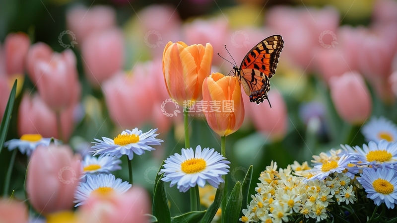 高清大图下载【趣麦麦图】蝴蝶停在橙色郁金香上