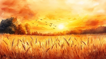 夕阳麦田水彩画