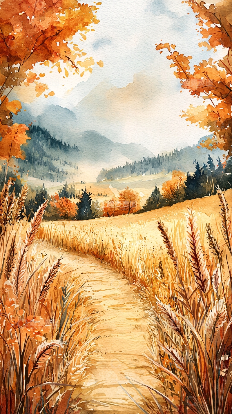 高清大图下载【趣麦麦图】秋日田园小路水彩画