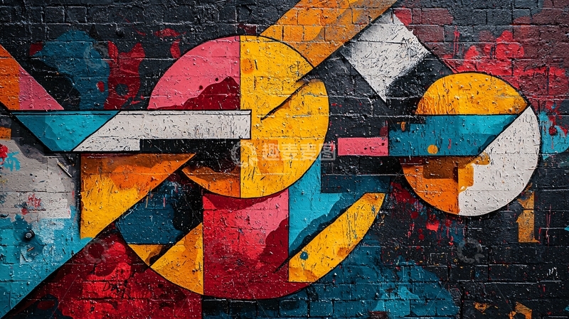 高清大图下载【趣麦麦图】砖墙上的抽象几何涂鸦