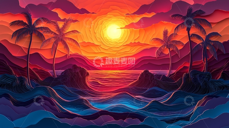 高清大图下载【趣麦麦图】热带海滩日落剪影
