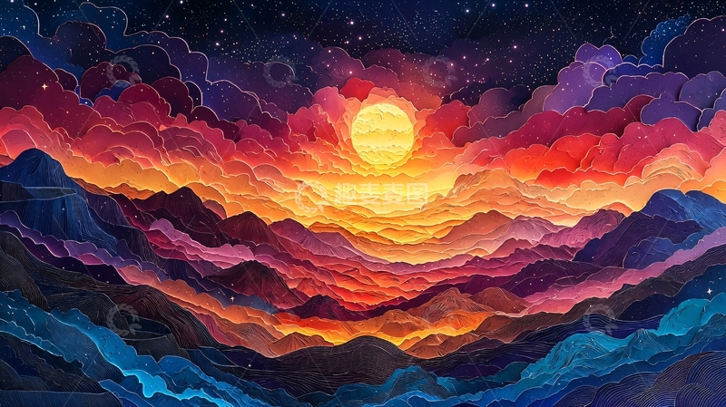 高清大图下载【趣麦麦图】梦幻彩色山峦日出
