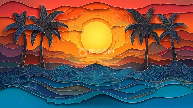 高清大图下载【趣麦麦图】热带夕阳剪纸风格海景