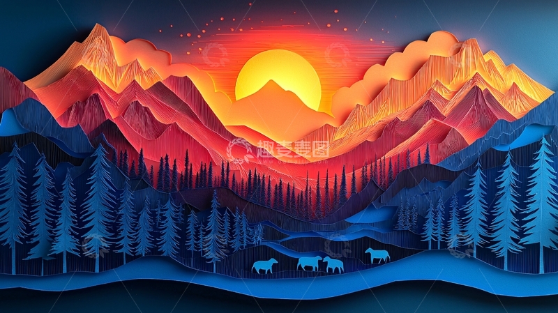 高清大图下载【趣麦麦图】夕阳西下剪纸风格山脉