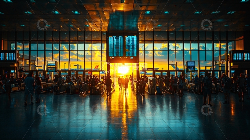 高清大图下载【趣麦麦图】机场候机大厅日落剪影