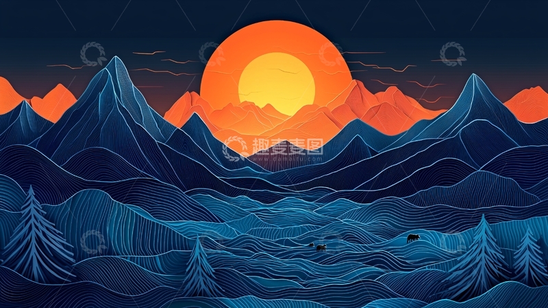 高清大图下载【趣麦麦图】简约山脉日落剪影