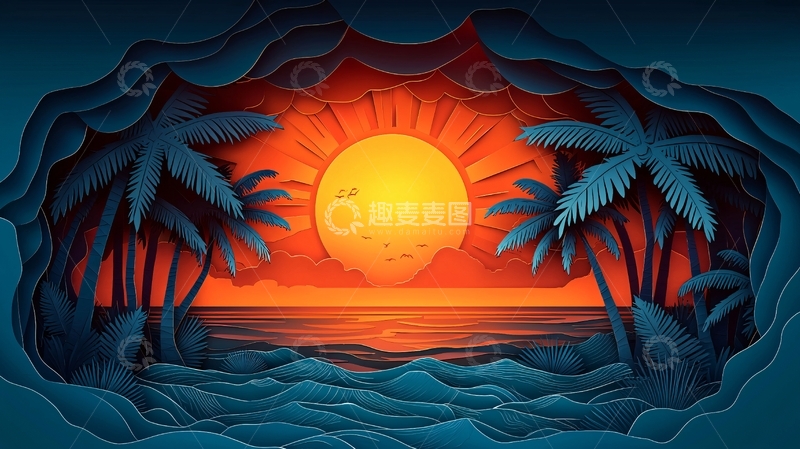 高清大图下载【趣麦麦图】剪纸风格海边日落