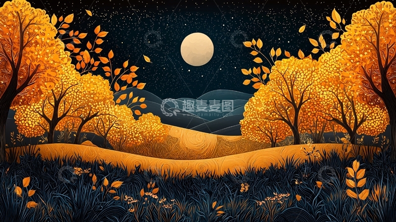 高清大图下载【趣麦麦图】金色树木下的月夜