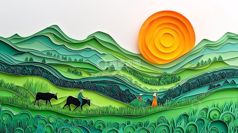 高清大图下载【趣麦麦图】层叠剪纸风景画