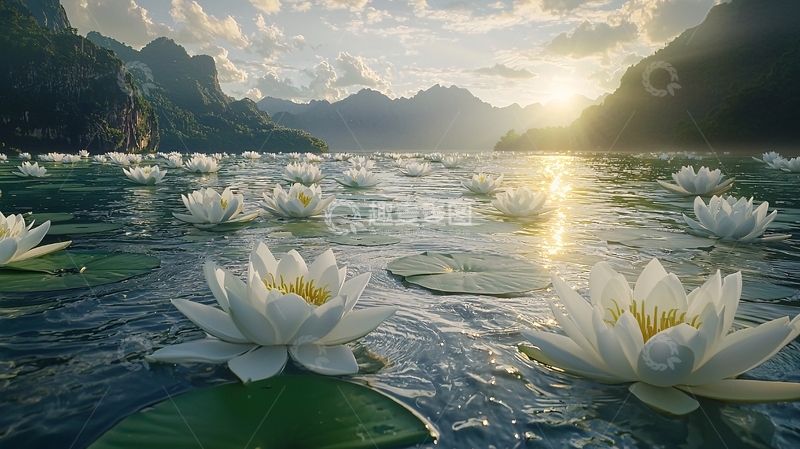 高清大图下载【趣麦麦图】日落湖泊白莲花