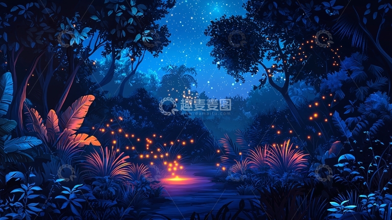 高清大图下载【趣麦麦图】夜晚热带雨林萤火虫