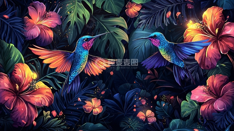 高清大图下载【趣麦麦图】热带雨林蜂鸟鲜花壁纸