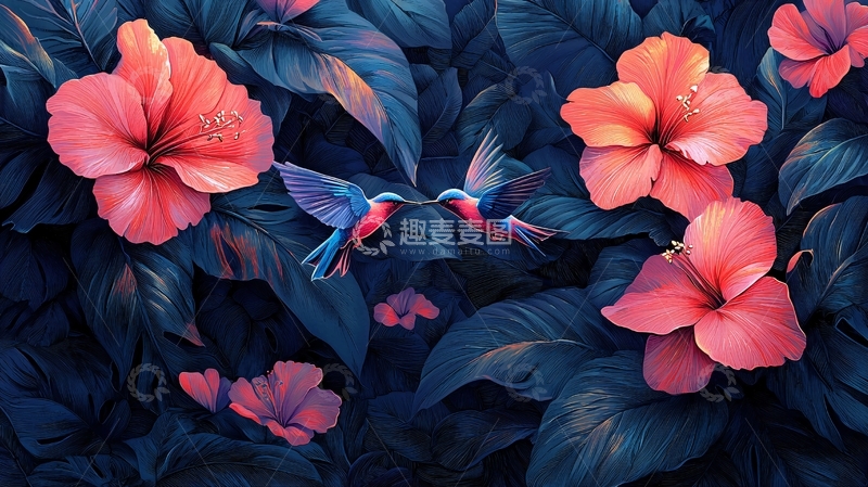 高清大图下载【趣麦麦图】蓝色叶子间的蜂鸟和木槿花