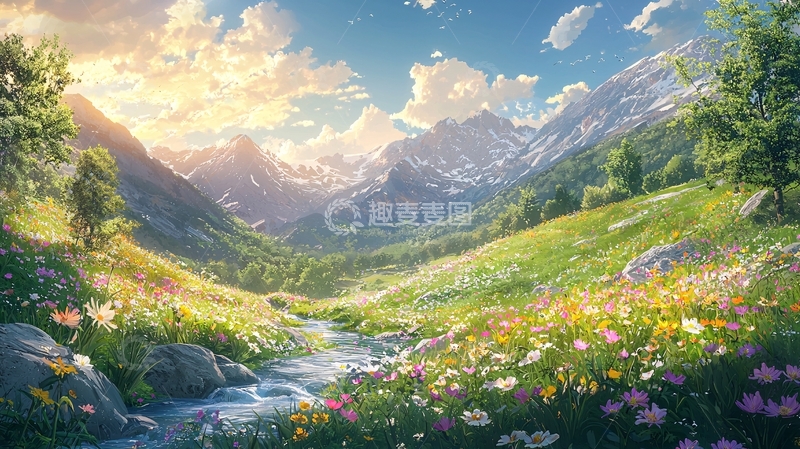 高清大图下载【趣麦麦图】阳光下的山谷溪流花海