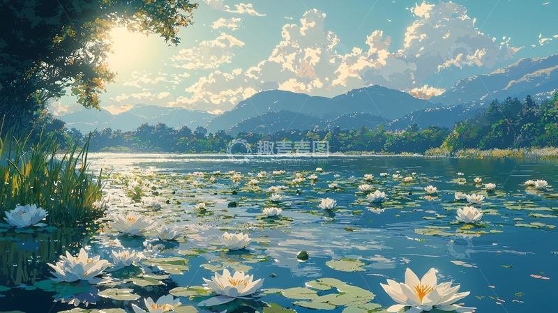 高清大图下载【趣麦麦图】阳光下的湖泊与白莲花