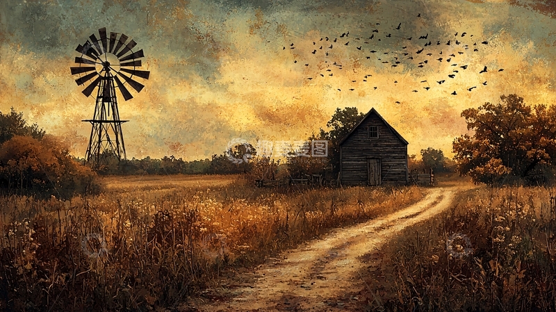 高清大图下载【趣麦麦图】夕阳下老旧农场风车