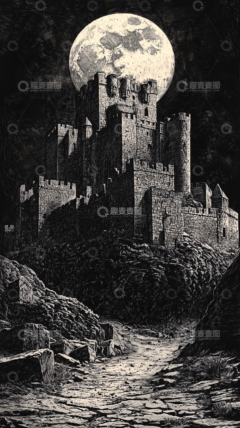 高清大图下载【趣麦麦图】黑夜城堡满月