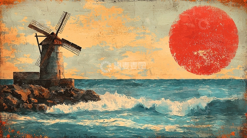 高清大图下载【趣麦麦图】复古风格海边风车日落