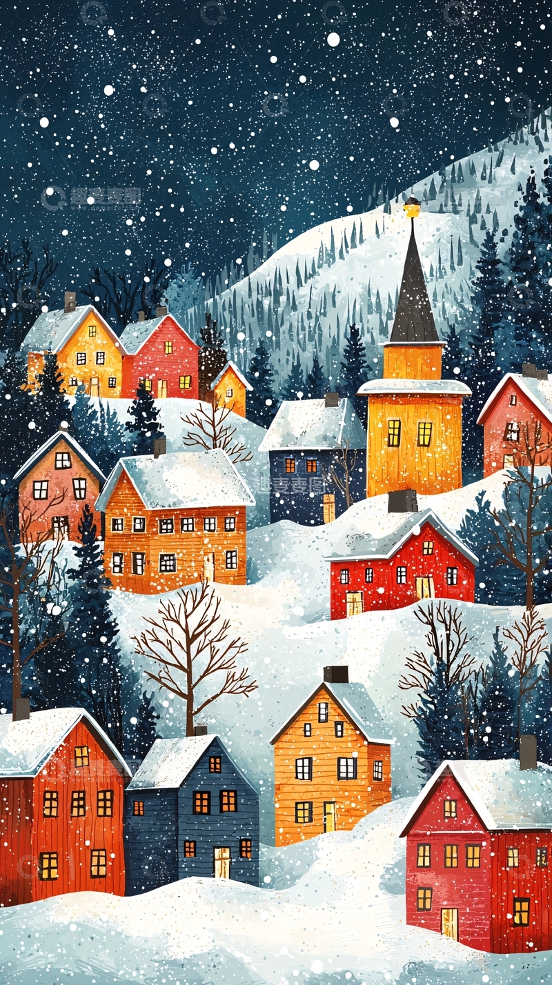 高清大图下载【趣麦麦图】雪夜下的彩色村庄