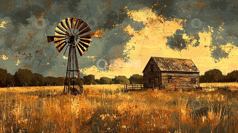 高清大图下载【趣麦麦图】老旧风车与农舍田园风景