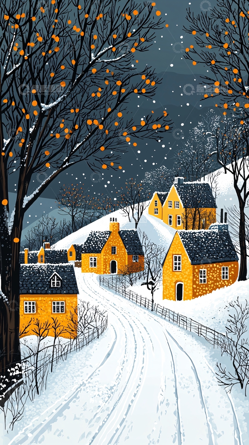 高清大图下载【趣麦麦图】冬日黄房子雪景村庄