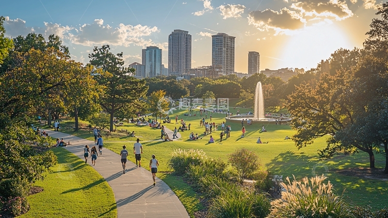 高清大图下载【趣麦麦图】夕阳下的城市公园绿地