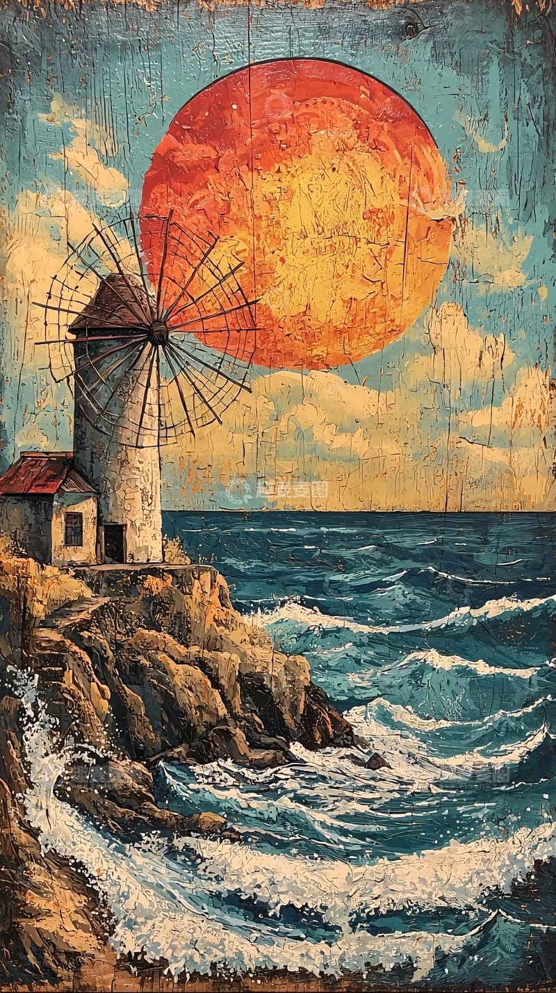 高清大图下载【趣麦麦图】海边风车日落风景画