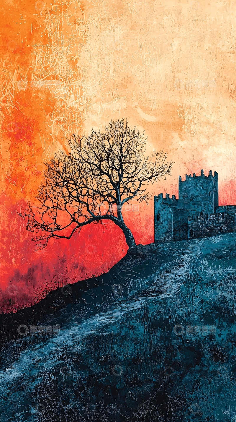 高清大图下载【趣麦麦图】孤树寒城夕阳图