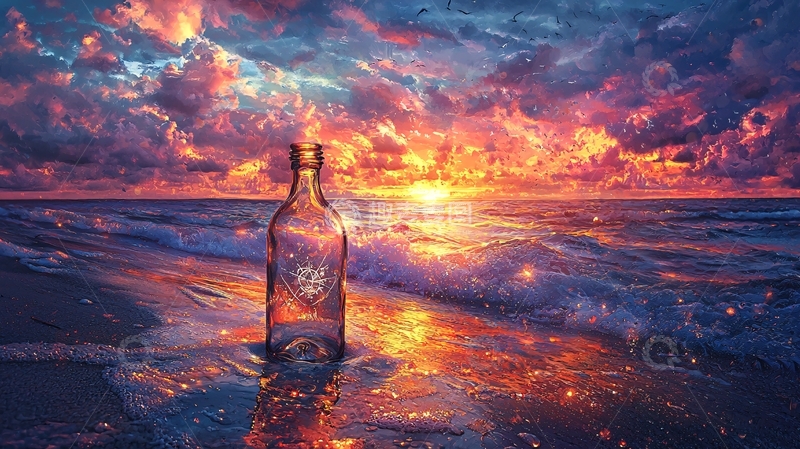 高清大图下载【趣麦麦图】海边玻璃瓶日落