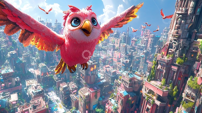 高清大图下载【趣麦麦图】粉红色小鸟飞翔城市上空