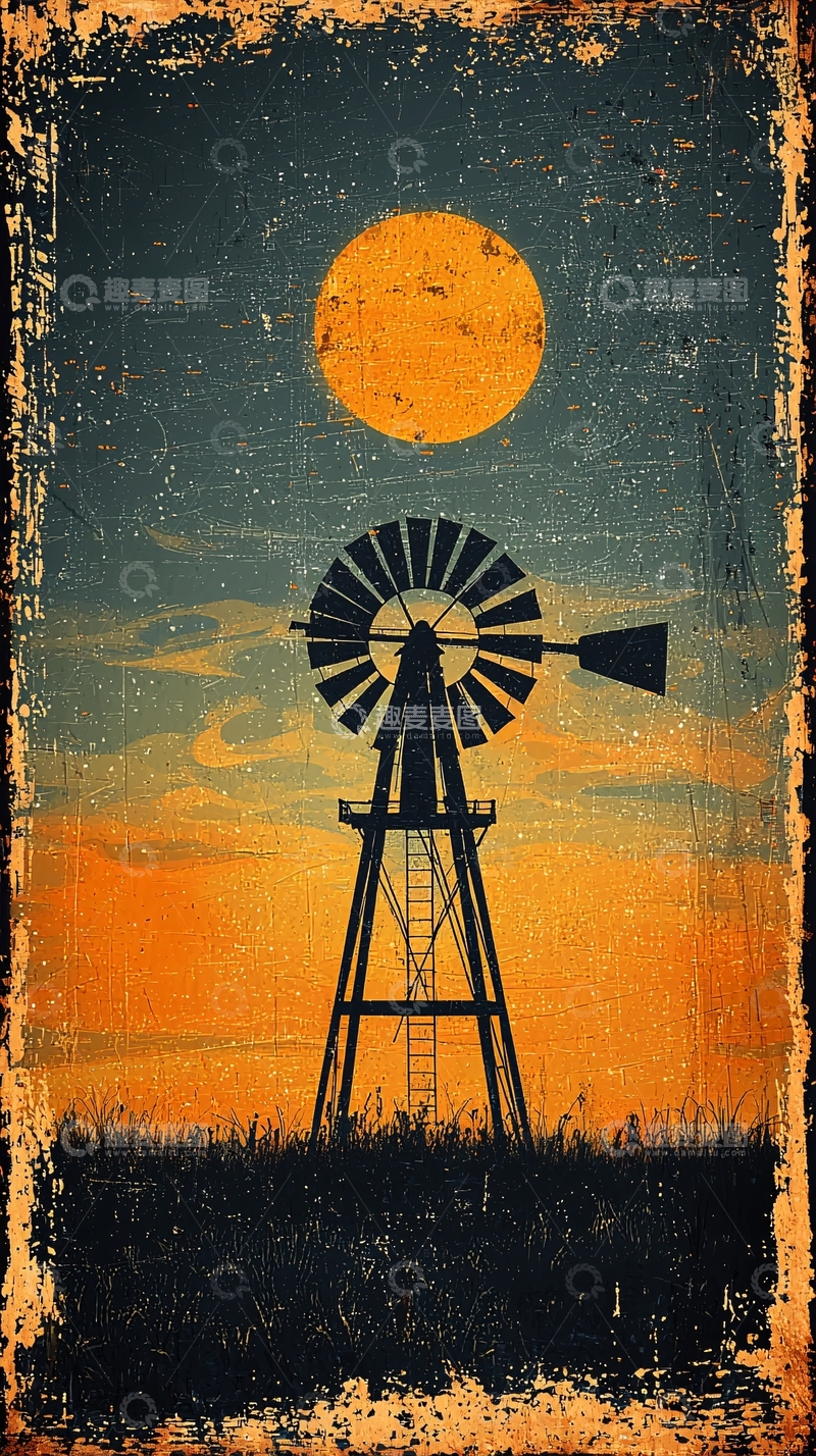 高清大图下载【趣麦麦图】复古风磨坊日落剪影