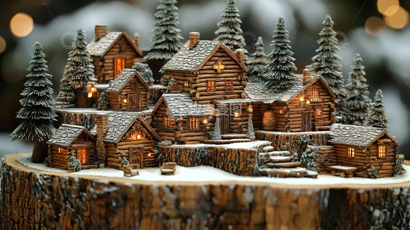 高清大图下载【趣麦麦图】冬日木屋村庄模型