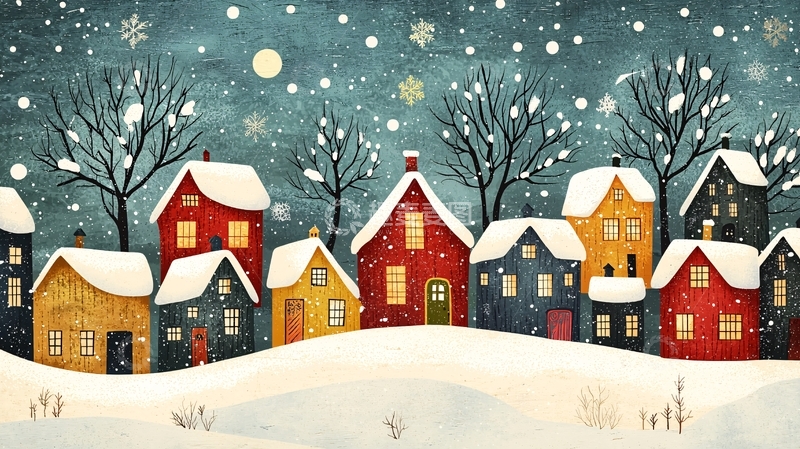 高清大图下载【趣麦麦图】冬夜雪景小镇