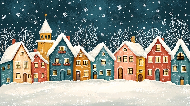 高清大图下载【趣麦麦图】水彩雪景小镇